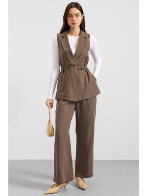 Olcay Beli Büzgülü Kemer Detaylı Modal Yelek Haki 8284