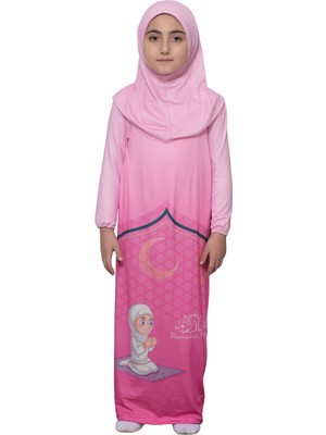 Altobeh Çocuk Namaz Takımı Pratik Tek Parça Desenli Kollu Tak Çıkar Başörtülü Likralı Tesettür Elbise (6-12 Yaş) 925-0201