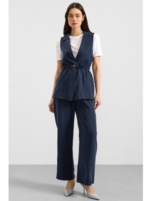 Olcay Beli Büzgülü Kemer Detaylı Modal Yelek Lacivert 8284