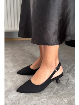 Preshley Kadın Boss Siyah Saten Sivri Burunlu Kısa Kitten Topuklu Rahat Şık Arkası Acık Stiletto Ayakkabı
