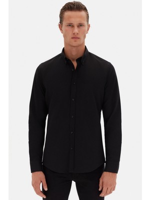 Slim Fit Siyah Oxford Düğmeli Yaka Kolay Ütülenebilir Nakış Detaylı Pamuklu Gömlek 4HC02ORT03265