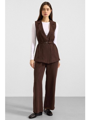 Olcay Beli Büzgülü Kemer Detaylı Modal Yelek Kahve 8284