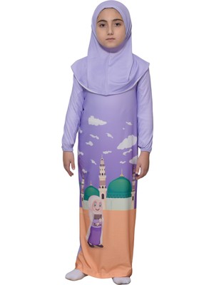 Altobeh Çocuk Namaz Takımı Pratik Tek Parça Desenli Kollu Tak Çıkar Başörtülü Likralı Tesettür Elbise (6-12 Yaş) 925-0301