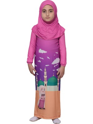 Altobeh Çocuk Namaz Takımı Pratik Tek Parça Desenli Kollu Tak Çıkar Başörtülü Likralı Tesettür Elbise (6-12 Yaş) 925-0301