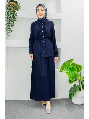 Tesettür Diyarı Krep Kumaş Fırfırlı Gömlek Etek Tesettür Takım- Lacivert