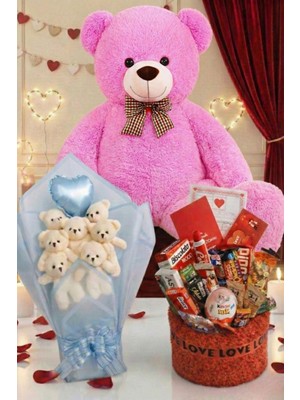 Sole 3’lü Sevgililer Günü Hediye Seti | 90 cm Peluş Ayı, Love Çikolata Sepeti & Mavi Peluş Ayıcık Buketi