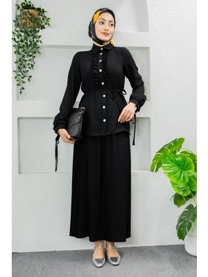 Tesettür Diyarı Krep Kumaş Fırfırlı Gömlek Etek Tesettür Takım- Siyah