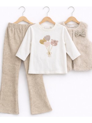 Bambino Peluş Yelekli Kalp Baskılı Kız Bebek 3’lü Takım