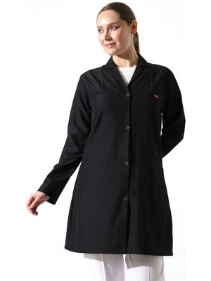 Doktor Öğretmen Kadın Önlük Ara Boy Ceket Yaka - Siyah