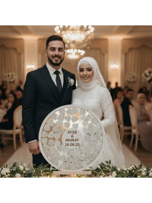 Evlilik Sepetim Düğün-Nişan Sılver Aynalı Pleksi 50 cm Yuvarlak Misafir-Hatıra Anı Defteri-Kutusu + Şövale ve Kalem Hediyeli