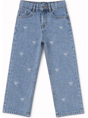 Bambino Fiyonklu Nakış Detaylı Kız Çocuk Geniş Paça Jean Pantolon