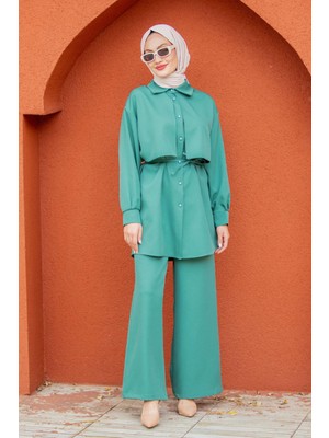 Tesettür Diyarı Yazlık Krep Kumaş Gömlek Pantolon Takım - Mint Yeşili