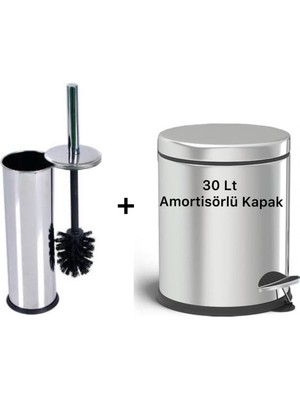 30 Litre Paslanma Krom 2'li Banyo Seti Pedallı Çöp Kovası Wc Klozet Tuvalet Fırça Seti Banyo