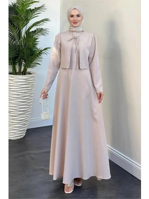 Tesettür Diyarı Inci Detaylı Elbiseli Ikili Tesettür Takım- Pudra