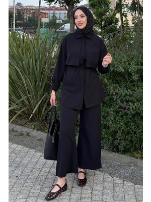 Tesettür Diyarı Yazlık Krep Kumaş Gömlek Pantolon Takım - Siyah