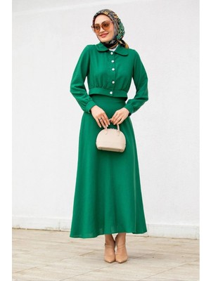 Tesettür Diyarı  Keten Kumaş Etek Ceket Tesettür Takım- Zümrüt