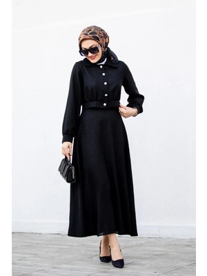 Tesettür Diyarı  Keten Kumaş Etek Ceket Tesettür Takım- Siyah