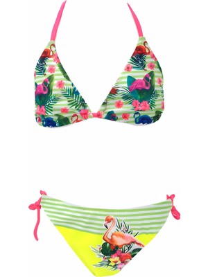 Hazelin Kız Çocuk Yeşil Flamingo Glow Desenli  6-14 Yaş Üçgen Bikini Takım HZL26S-LC9018