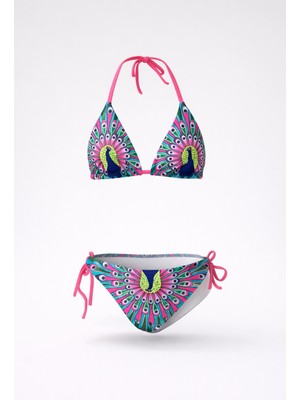 Hazelin Kız Çocuk Mavi Tavuz Kuşu Desenli  6-14 Yaş Üçgen Bikini Takım HZL24S-LC9017