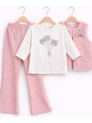 Bambino Peluş Yelekli Kalp Baskılı Kız Bebek 3’lü Takım