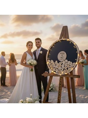 Evlilik Sepetim Düğün-Nişan Siyah Mdf 50 cm Yuvarlak Misafir-Hatıra Anı Kutusu + Şövale ve Kalem Hediyeli