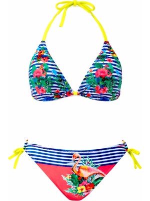 Hazelin Kız Çocuk Mavi Pembe Flamingo Glow Desenli  6-14 Yaş Üçgen Bikini Takım HZL26S-LC9018
