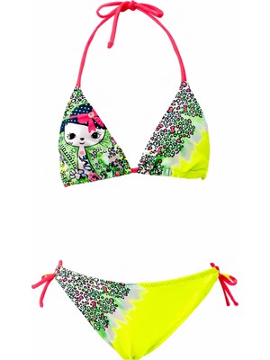 Hazelin Kız Çocuk Neon Sarı Kitty Glow Desenli  4-14 Yaş Üçgen Bikini Takım HZL26S-LC2886