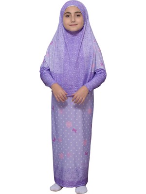 Altobeh Çocuk Namaz Takımı Pratik Iki Parça Desenli Kollu Tak Çıkar Başörtülü Likralı Tesettür Elbise (6-12 Yaş) 901-0102