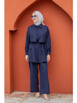 Tesettür Diyarı Yazlık Krep Kumaş Gömlek Pantolon Takım - Lacivert