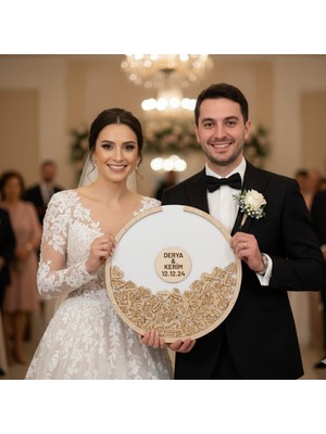 Evlilik Sepetim Düğün-Nişan Beyaz Mdf 50 cm Yuvarlak Misafir-Hatıra Anı Kutusu-Defteri + Şövale ve Kalem Hediyeli