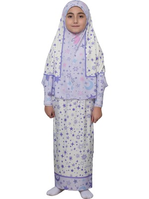 Altobeh Çocuk Namaz Takımı Pratik Iki Parça Desenli Kollu Tak Çıkar Başörtülü Likralı Tesettür Elbise (6-12 Yaş) 901-0301