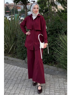 Tesettür Diyarı Yazlık Krep Kumaş Gömlek Pantolon Takım - Bordo