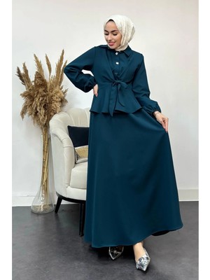 Tesettür Diyarı Taş Düğme Detaylı Krep Tesettür Takım- Petrol