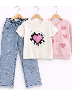 Bambino Kalp Detay Triko Hırkalı Kız Çocuk 3’lü Takım