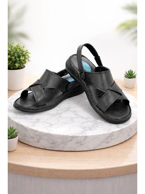 İhvan Online Hakiki Deri Ortopedik Topuk Jelli Erkek Sandalet Terlik - Hac Umre Günlük Rahat Taban Sandalet - Siyah