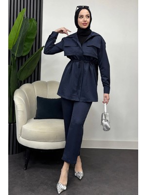 Tesettür Diyarı Çift Cepli Fermuarlı Keten Ikili Tesettür Takım- Lacivert