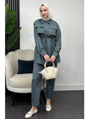 Tesettür Diyarı Çift Cepli Fermuarlı Keten Ikili Tesettür Takım- Turkuaz
