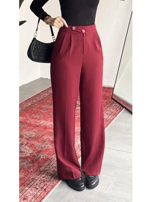 Asfa Moda Kadın Bordo Yüksek Bel Pileli Bol Paça Beli Lastikli Kore Model Kumaş Pantolon