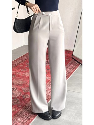 Asfa Moda Kadın Gri Yüksek Bel Pileli Bol Paça Beli Lastikli Kore Model Kumaş Pantolon