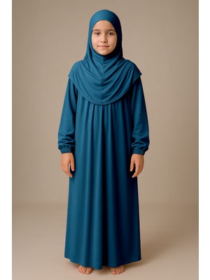 Sonbahar Moda Kız Çocuk Tesettür Elbisesi Tek Parça Namaz Kıyafeti Tak Çıkar Başörtülü Pamuklu Lastikli Kolu