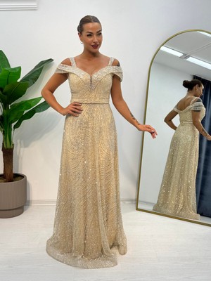 E&A Eren Abiye Straplez Kol Detatlı Taslı Abıye