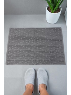 İhvan Online Tuğla Desenli 2li Ayak Havlusu - 50X70 cm - Su Emici Banyo Paspası Seti - Koyu Gri - 00104