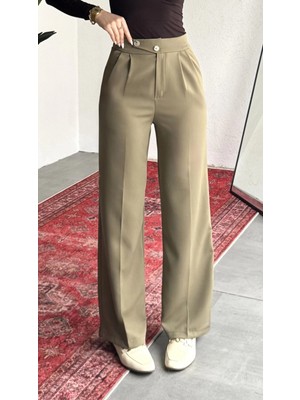 Asfa Moda Kadın Haki Yüksek Bel Pileli Bol Paça Beli Lastikli Kore Model Kumaş Pantolon