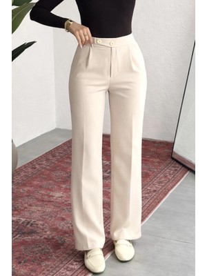 Asfa Moda Kadın Krem Yüksek Bel Pileli Bol Paça Beli Lastikli Kore Model Kumaş Pantolon