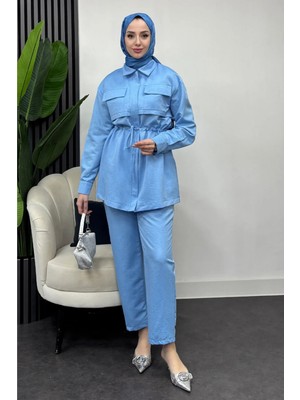 Tesettür Diyarı Çift Cepli Fermuarlı Keten Ikili Tesettür Takım- Bebe Mavisi