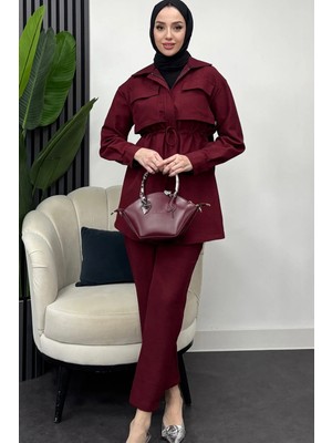 Tesettür Diyarı Çift Cepli Fermuarlı Keten Ikili Tesettür Takım- Bordo