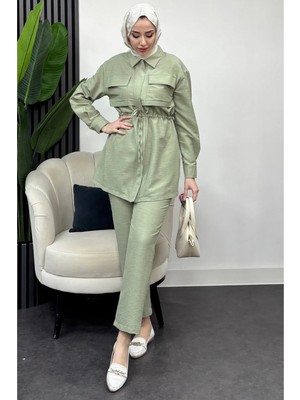 Tesettür Diyarı Çift Cepli Fermuarlı Keten Ikili Tesettür Takım- Yeşil