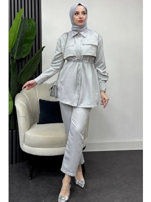 Tesettür Diyarı Çift Cepli Fermuarlı Keten Ikili Tesettür Takım- Gri