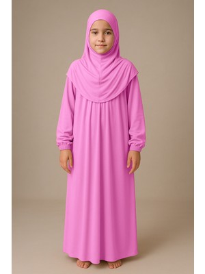 Sonbahar Moda Kız Çocuk Tesettür Elbisesi Tek Parça Namaz Kıyafeti Tak Çıkar Başörtülü Pamuklu Lastikli Kolu