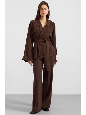 Olcay Kemer Bağlamalı Oversize Modal Ceket Kahve 8287